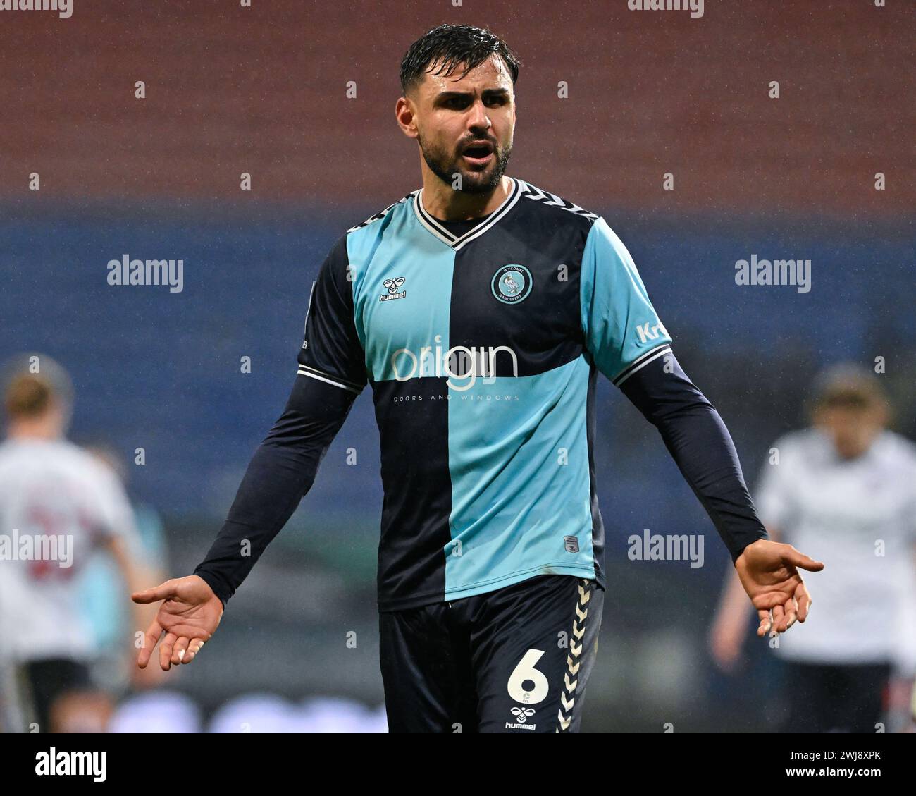 Ryan Tafazolli of Wycombe Wanderers reacts, during the Sky Bet League 1 match Bolton Wanderers vs Wycombe Wanderers at Toughsheet Community Stadium, Bolton, United Kingdom, 13th February 2024  (Photo by Cody Froggatt/News Images) Stock Photo