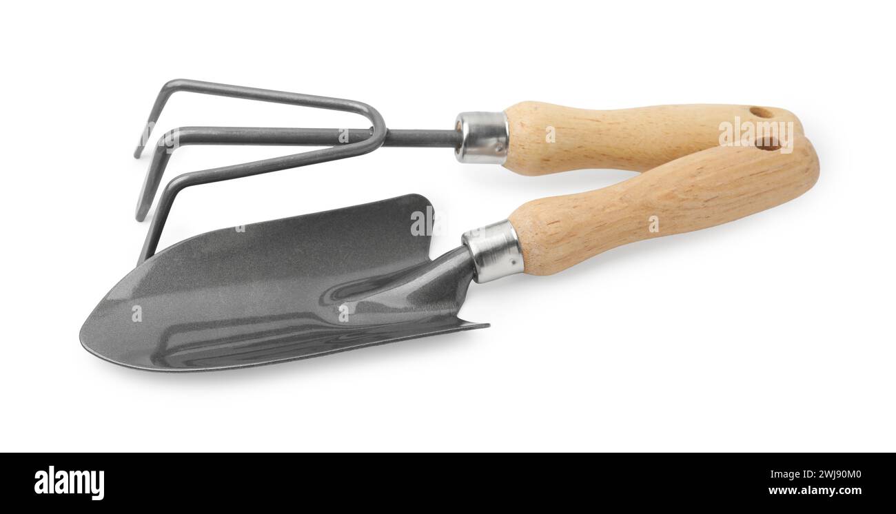 Gardening trowel and rake isolated on white Stock Photo - Alamy