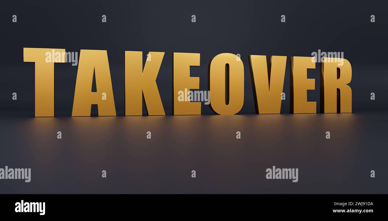 Takeover Takeover. Text in gold metallic capital letters, buying shares