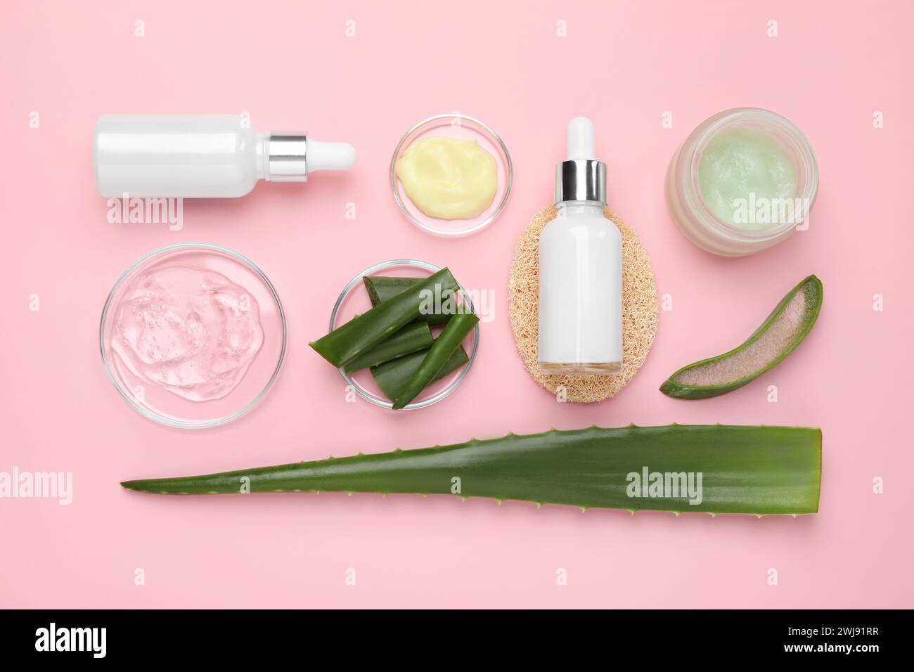 Flat lay composition with cosmetic products and cut aloe leaves on pink ...