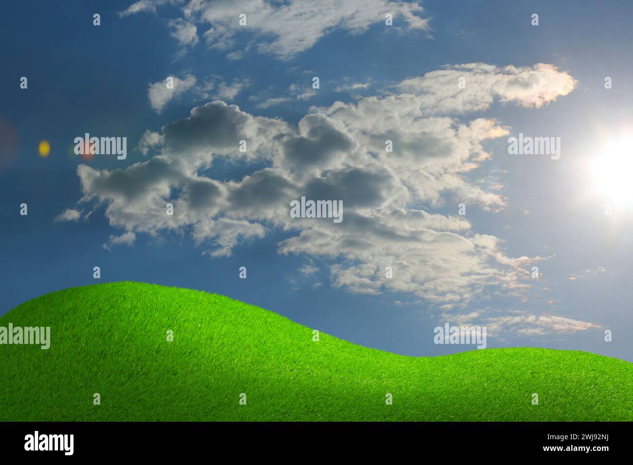 Lush green grass under blue sky with fluffy clouds on sunny day Stock ...