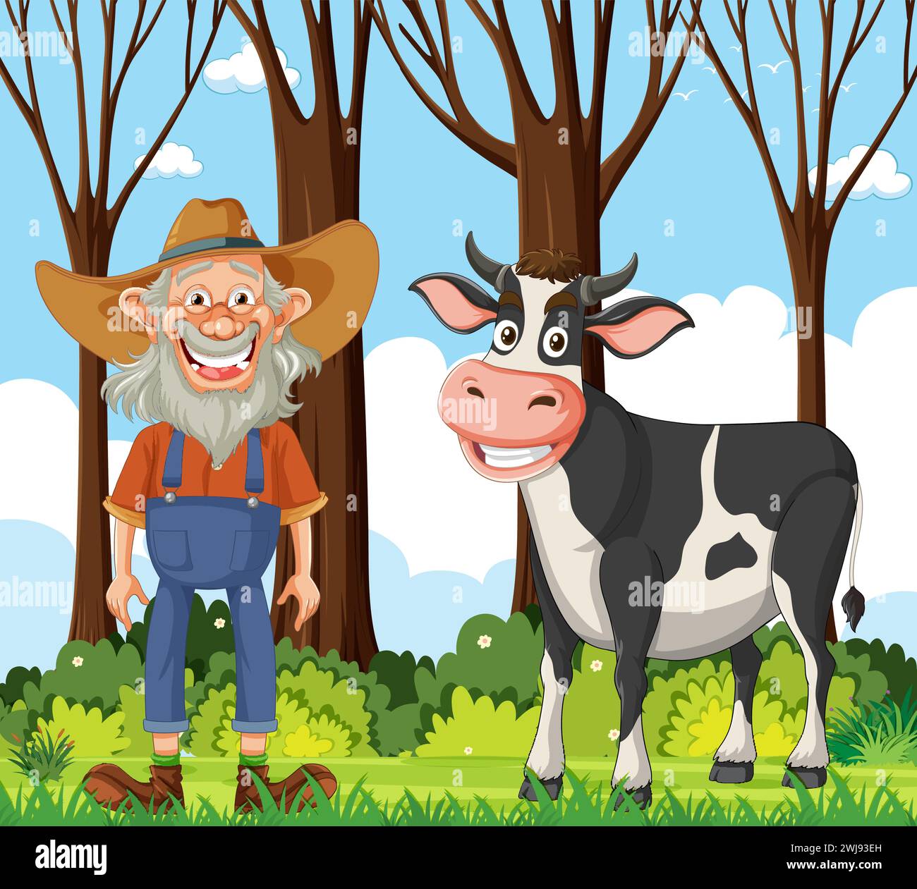 Cheerful farmer standing next to a smiling cow Stock Vector Image & Art ...
