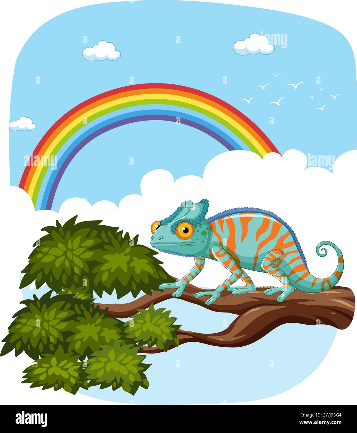 Colorful chameleon on a branch with rainbow Stock Vector