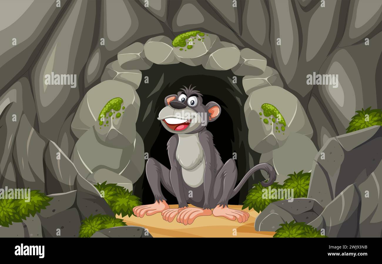 A cheerful monkey sitting inside a rocky cave Stock Vector