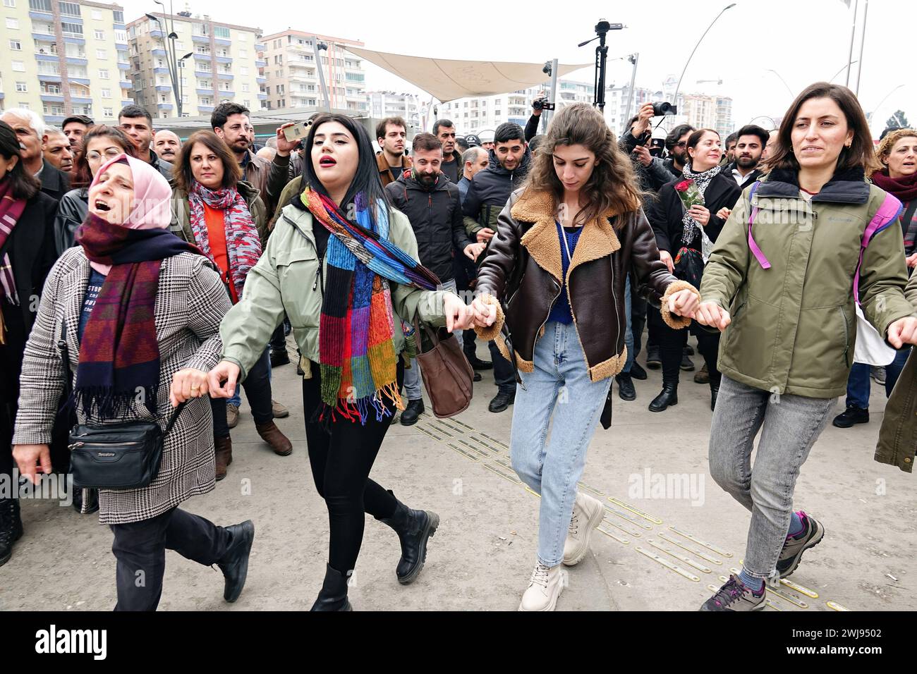 A group of Kurdish women seen dancing during the demonstration. On the ...