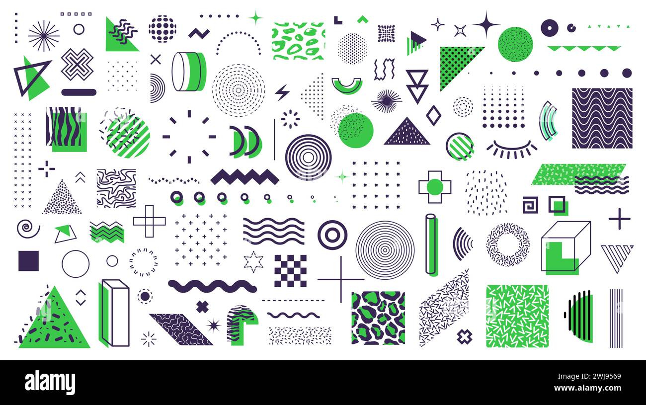 Abstract geometric Memphis green shape and minimal line figures, vector ...