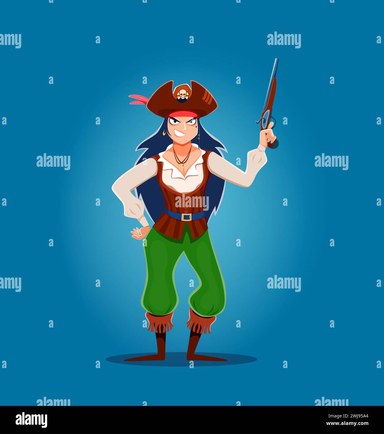 Cartoon Woman Pirate Captain Or Corsair Sailor Character With Pistol Vector Personage Angry 6636