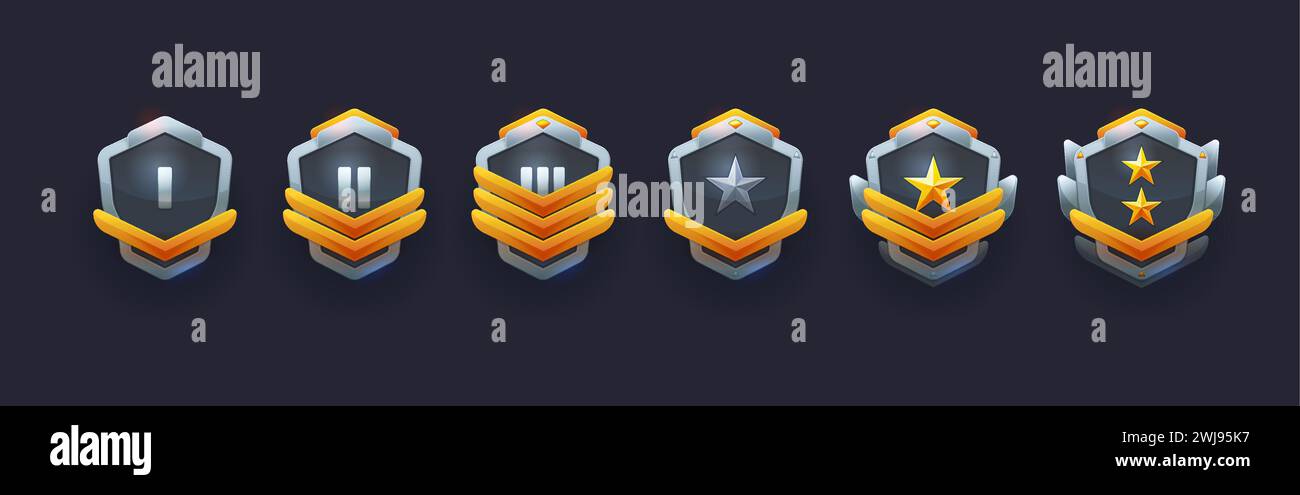 Military game achievement badges or soldier rank stars and medal awards, vector icons. Military army game level achievement signs, chevrons or shoulder marks with golden stars and ranking stripes Stock Vector