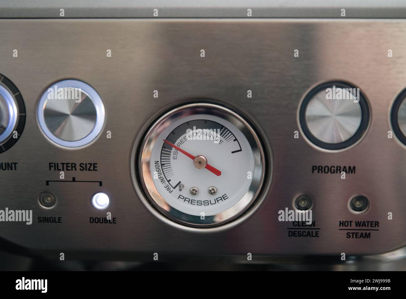 pressure gauge on a silver espresso maker Stock Photo Alamy