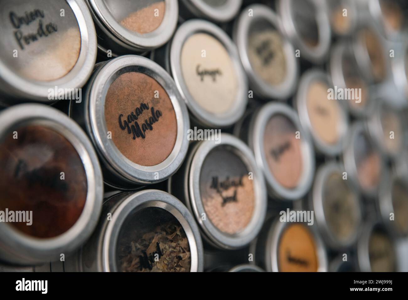 colorful spice jars, small kitchen organization Stock Photo