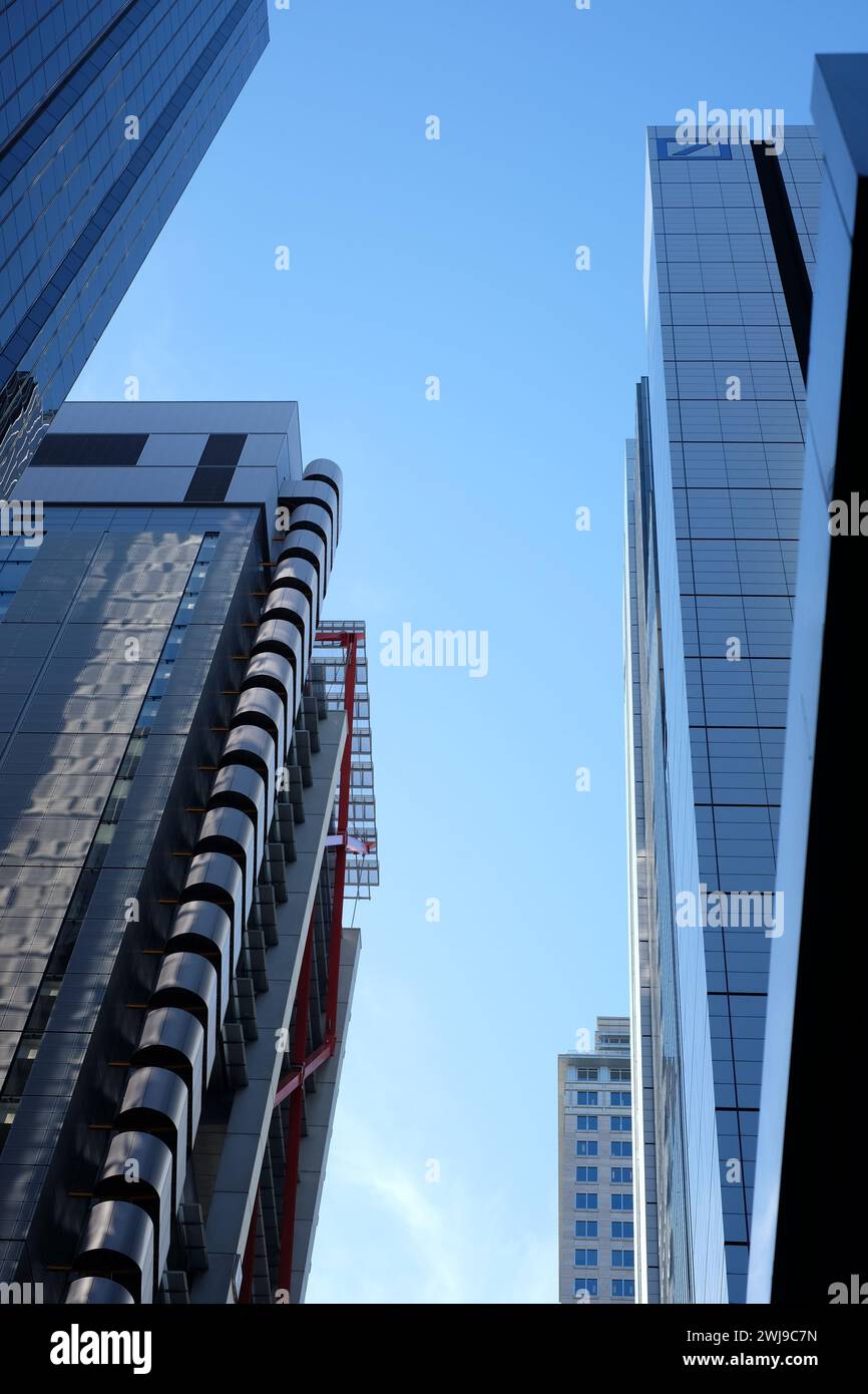 Sydney CBD Skyscraper Architecture, 8 Chifley Square office tower by Mirvac, & the metal skin of Deutsche Bank Place tower. Stock Photo
