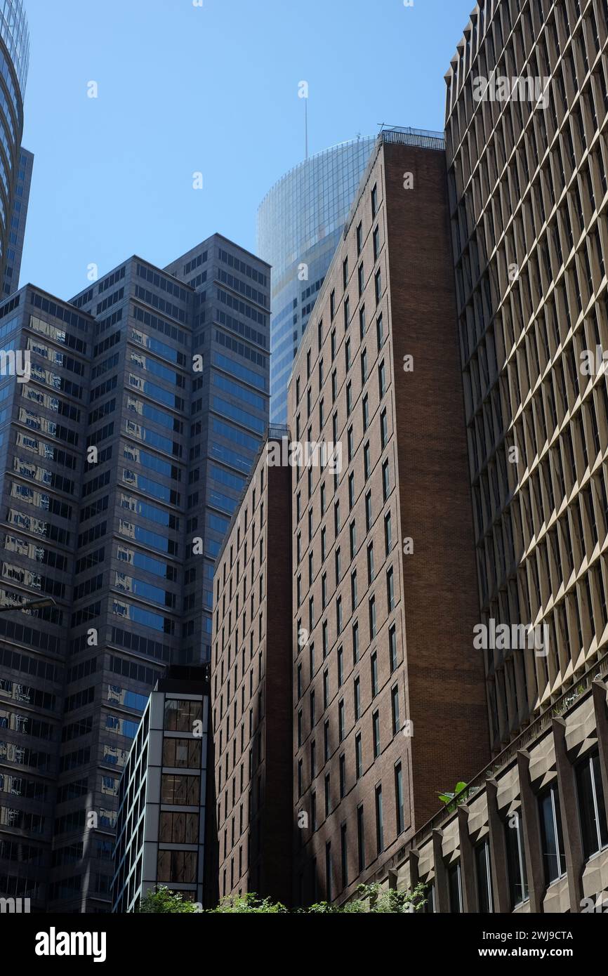 Geometric shapes & classic curves, 50 years of Architecture 4 landmark buildings w/ Aurora Place by Renzo Piano looking up at the Sydney Skyline Stock Photo