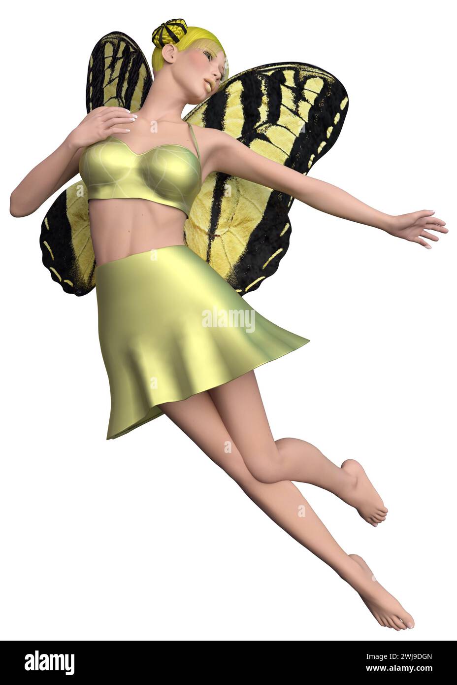 Fantasy fairy girl with yellow wings and hair, 3D Illustration. Stock Photo