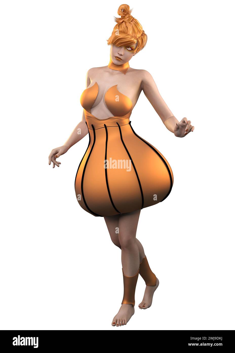 Woman dancing in orange fantasy dress, 3D Illustration. Stock Photo