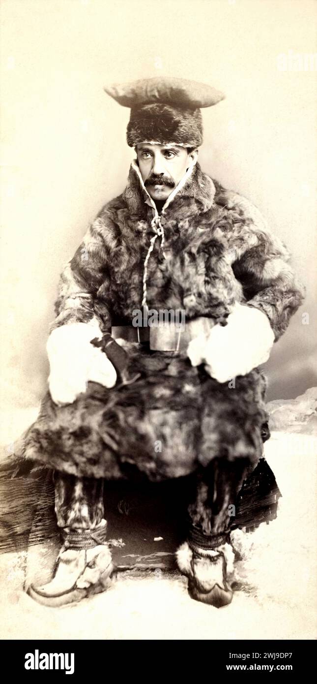1881 , USA : The French-American traveler, zoologist  and writer and memoirist PAUL BELLONI DU CHAILLU ( 1831 - 1903 ) in Scandivian Sápmi ( Finland ) fur dress . He became famous in the 1860s as the first modern European outsider to confirm the existence of gorillas, and later the Pygmy people of central Africa. He later researched the prehistory of Scandinavia . After a visit to Northern Norway in 1871, over the next five years he carried out a study of customs and antiquities in Sweden, Norway, Lapland and Northern Finland. In 1881 he published ' The Land of the Midnight Sun ' as a series o Stock Photo