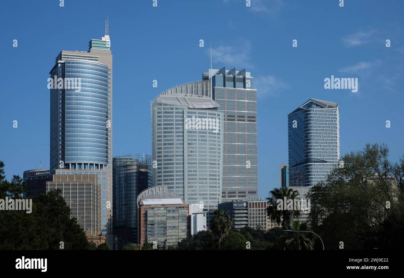 The Sydney CBD skyline featuring Chifley Tower, 1 Bligh St, abseiling on Aurora Place, Governor Phillip, Macquarie Tower,  AMP, Quay Quarter Tower Stock Photo