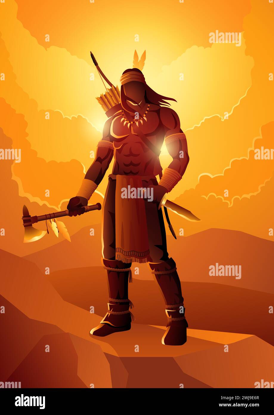 Native American warrior holding an axe and a knife on top of the rock