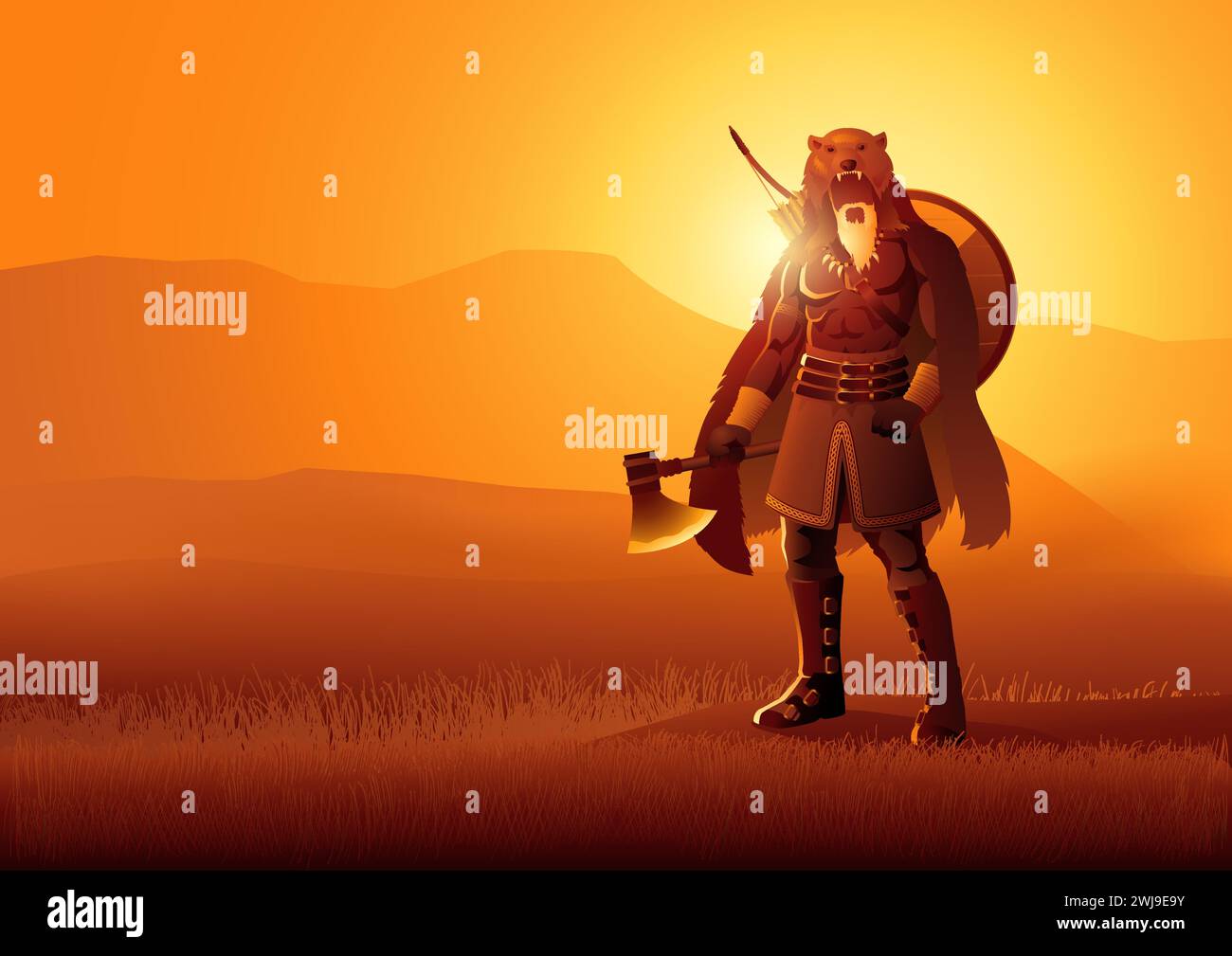 Viking berserker wearing bear skin holding an axe on beautiful landscape, vector illustration Stock Vector