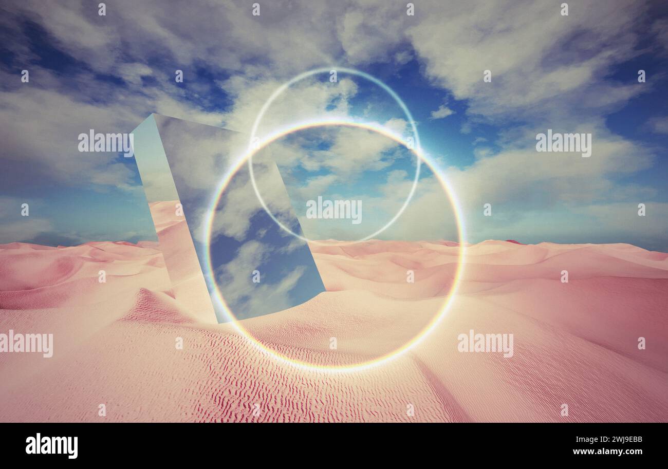 Sandy desert and blue cloudy sky, mirror polygons, 3D Illustration. Stock Photo