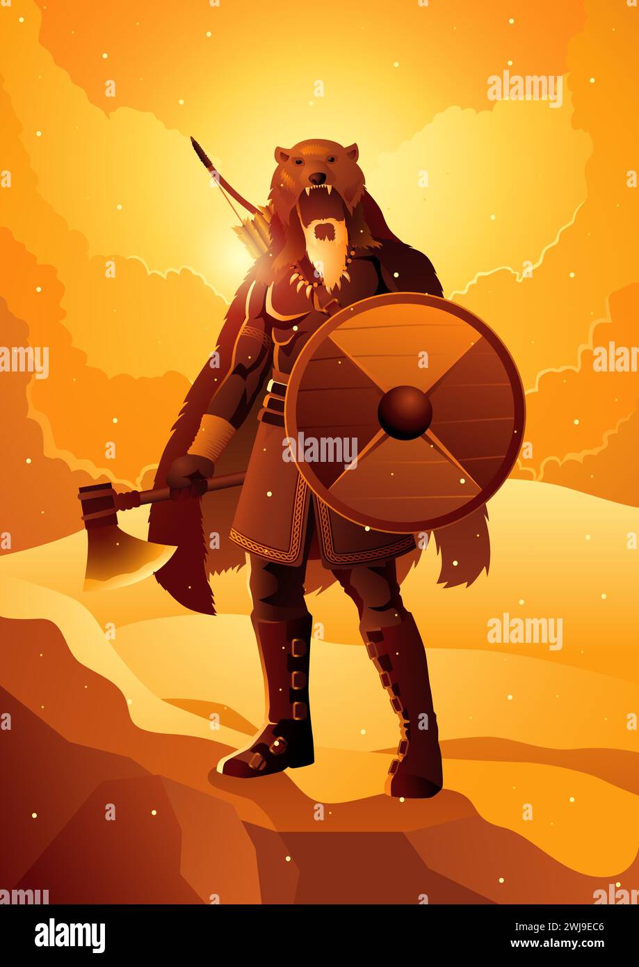 Viking berserker wearing bear skin holding an axe and a shield on snowy hills, vector illustration Stock Vector