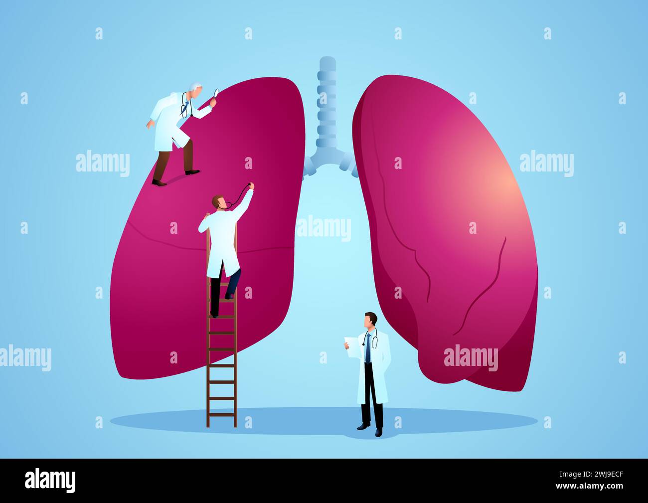 Vector graphic illustration of team of doctors diagnose human lung