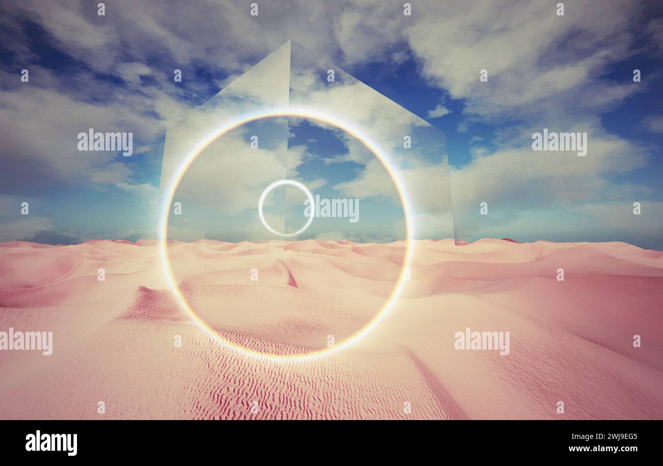 Sandy desert and blue cloudy sky, mirror polygons, 3D Illustration. Stock Photo
