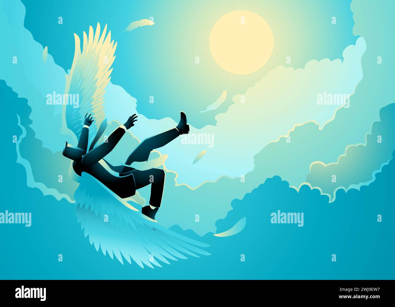 Business concept vector illustration, Icarus is a Greek mythology metaphor for excessive ambition or overcompensation Stock Vector