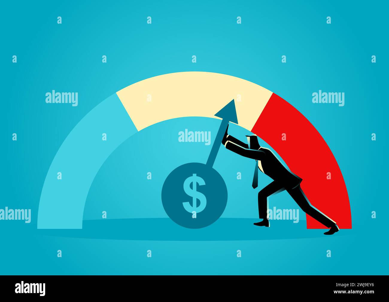 Business concept illustration of a businessman attempting to slow the rate of inflation, vector illustration Stock Vector