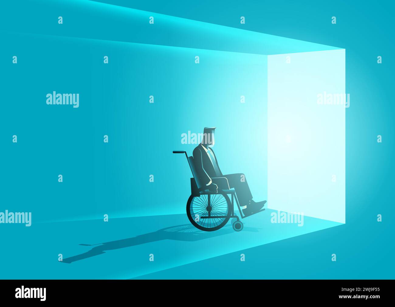 Business concept vector illustration of a businessman in wheelchair moving into bright door, opportunity, affirmation concept Stock Vector