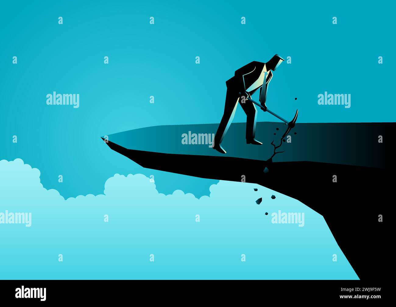 Businessman with a pick axe digs the edge of a rock to cause himself to fall, wrong strategy, stupidity concept Stock Vector