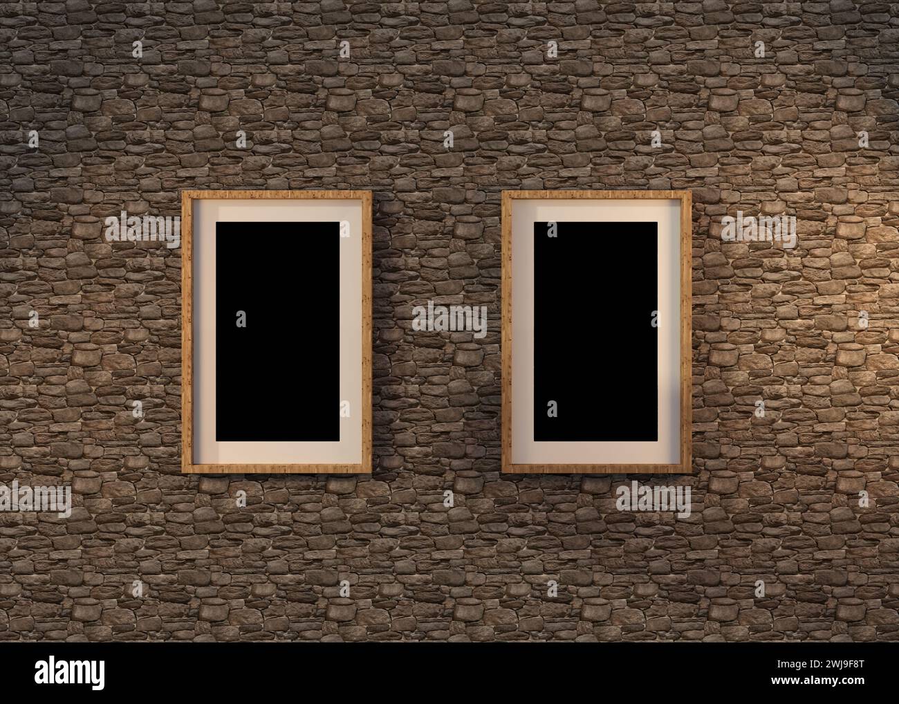 Blank wooden frame on a stone wall, mokeup, 3D Illustration. Stock Photo