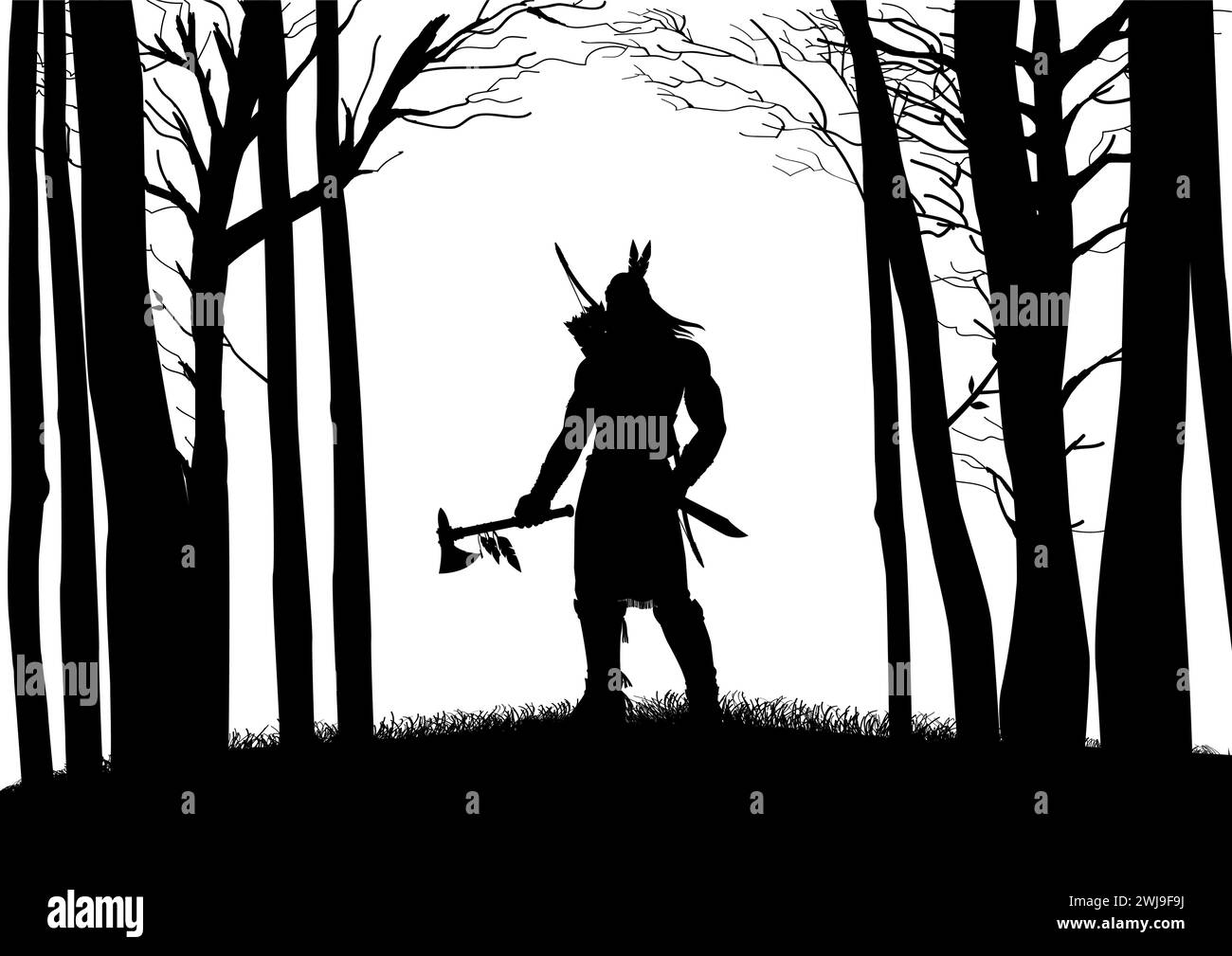 Silhouette of Native American warrior holding an axe and a knife on beautiful landscape, vector illustration Stock Vector