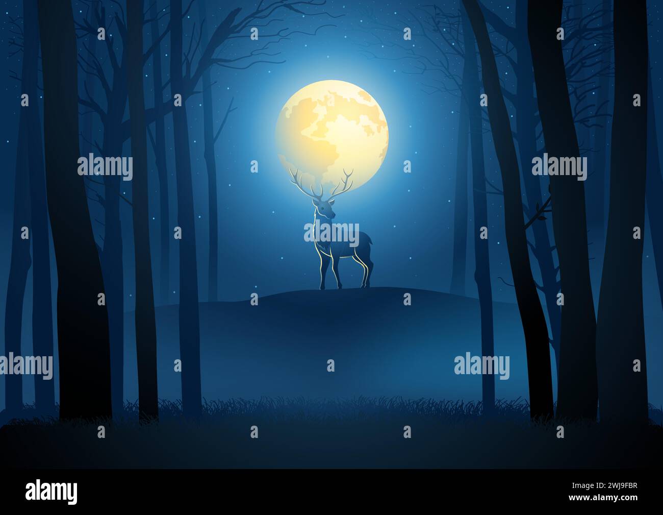 Beautiful scenery of a deer during full moon in the woods, vector