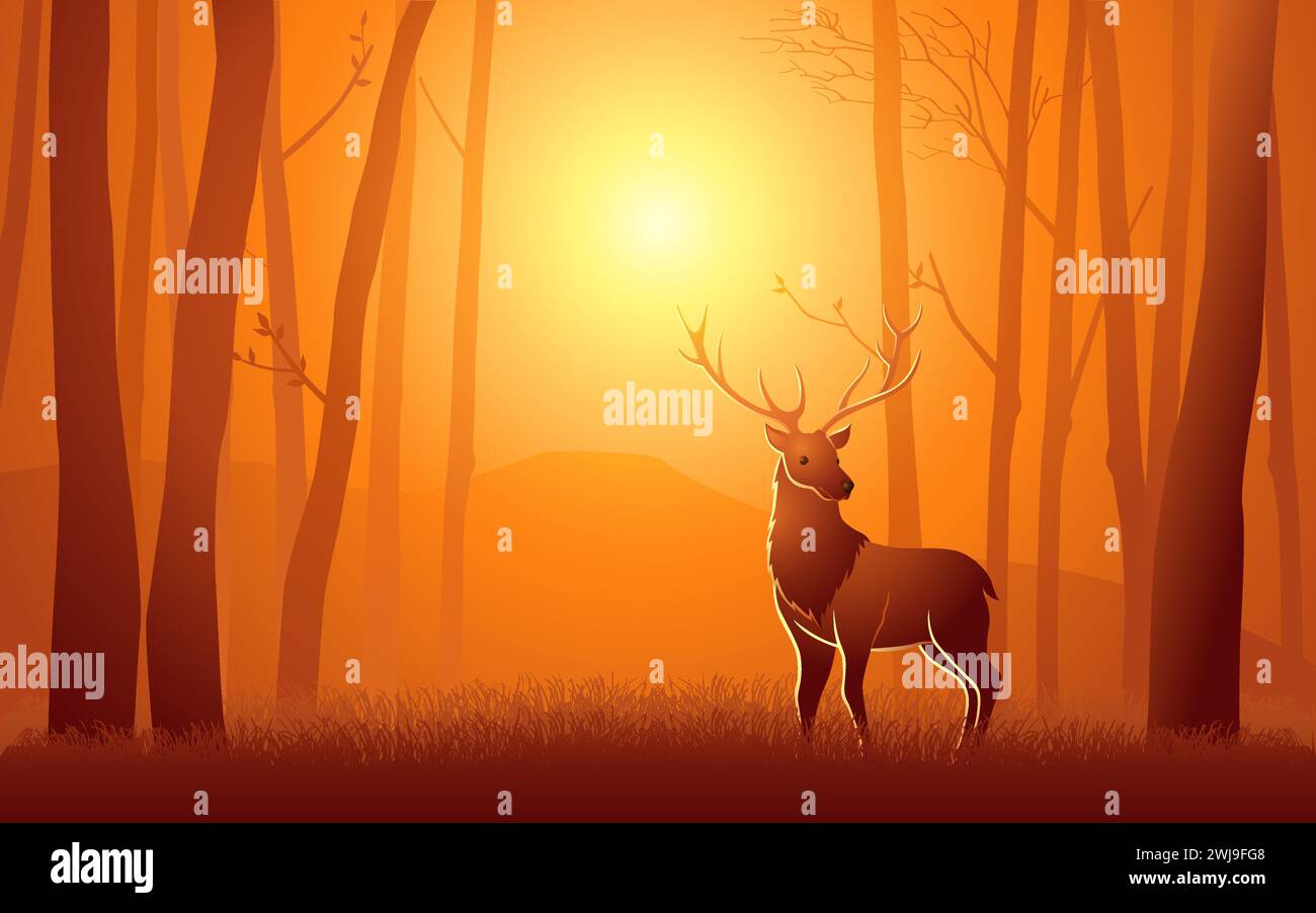 Vector illustration of a deer in the woods, beautiful scenery Stock Vector