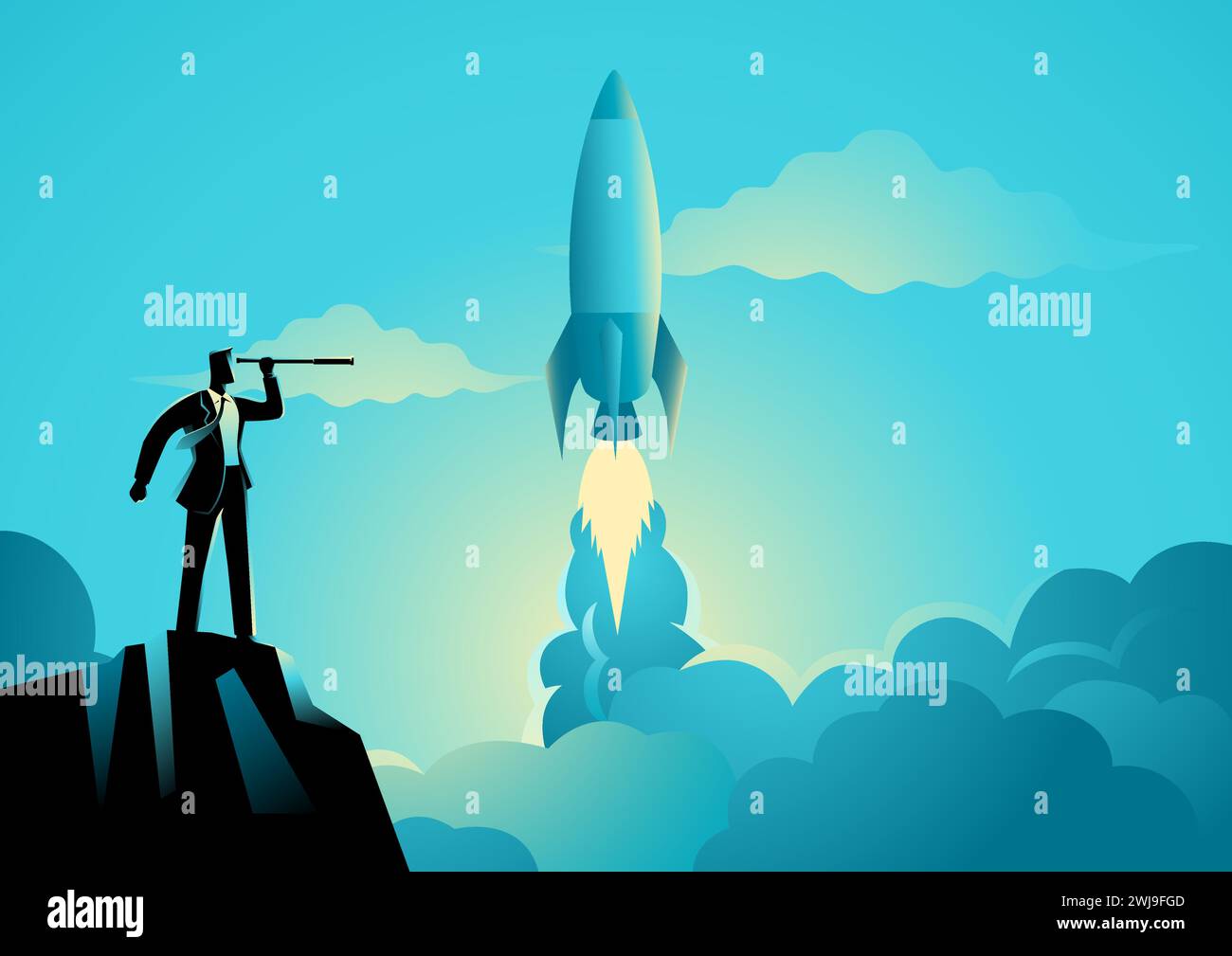 Vector illustration of a businessman with a telescope looking at a rocket launch, concept for start-up business, new product on a market Stock Vector