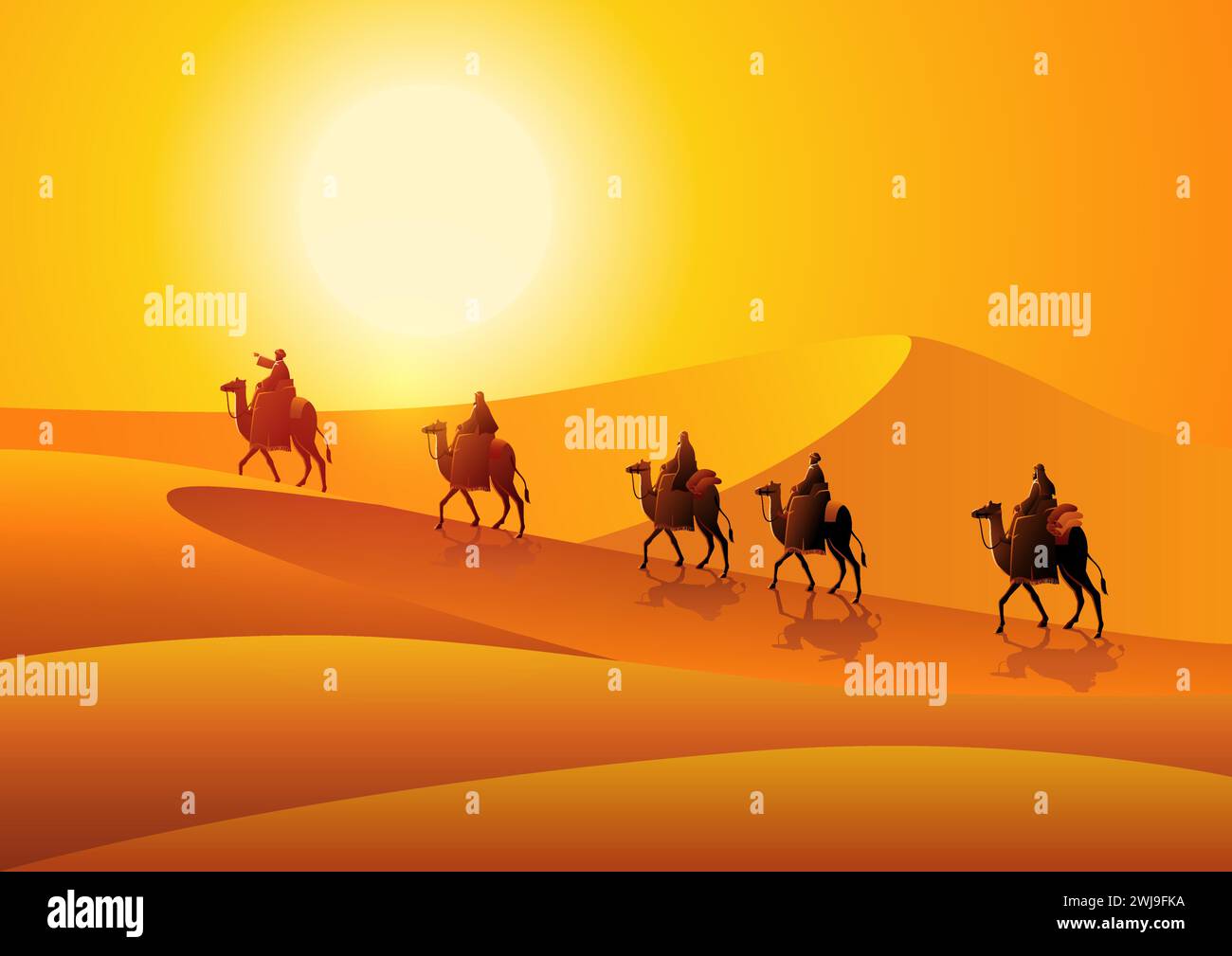 Vector illustration of Arab traders riding camels in the hot desert, Silk Road of the Gobi Desert Stock Vector