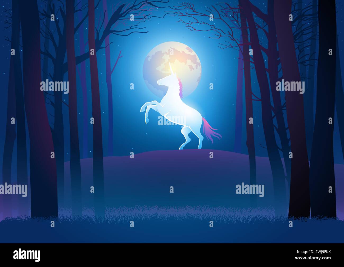 Beautiful scenery of a unicorn during full moon in the woods, vector ...