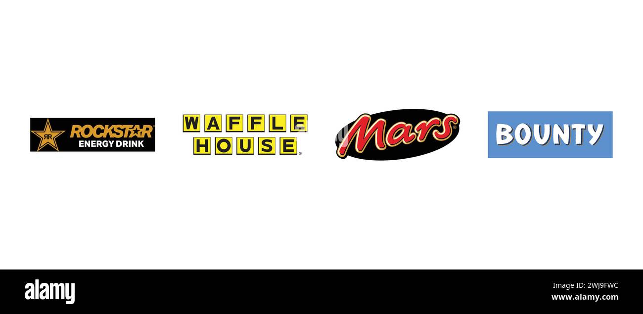 Waffle House, Mars Chocolate, Bounty, Rockstar Energy Drink. Vector illustration, editorial logo. Stock Vector