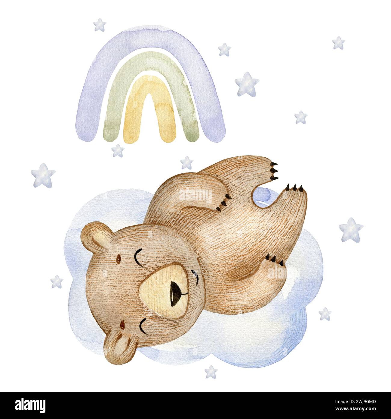 Cute sleeping bear on the cloud. Watercolor hand drawn illustration ...