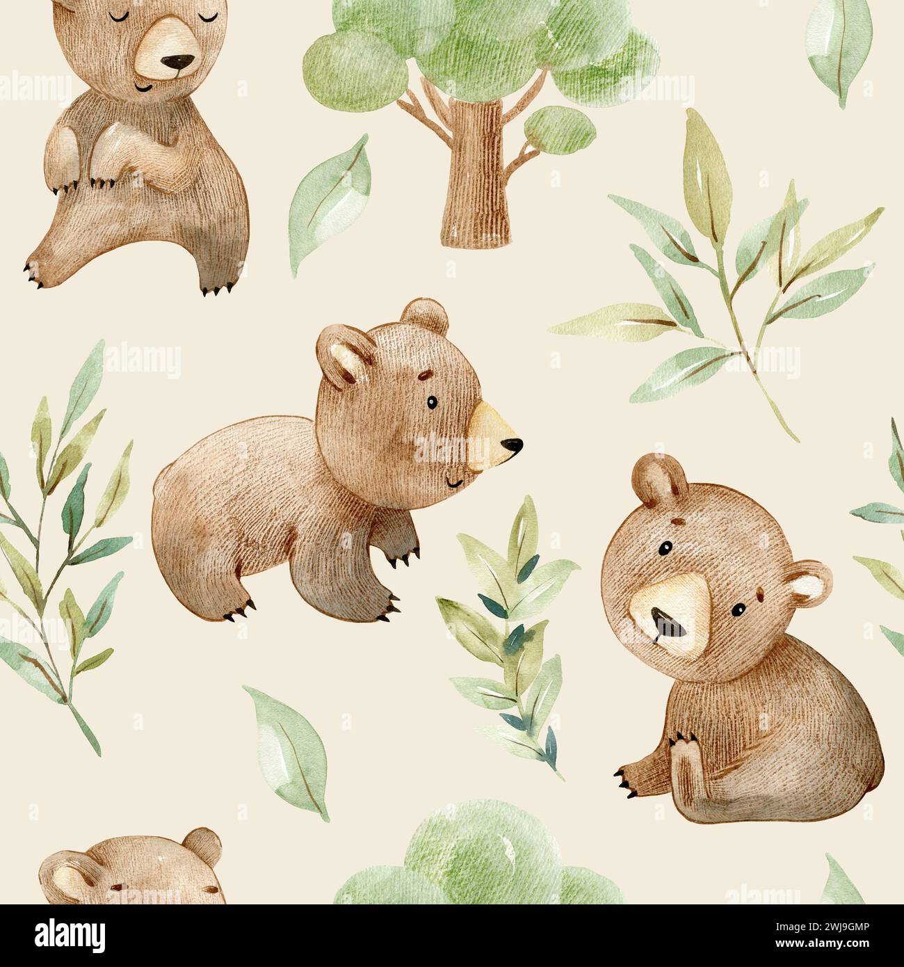 Watercolor seamless pattern with cute bears. Hand drawn illustration ...