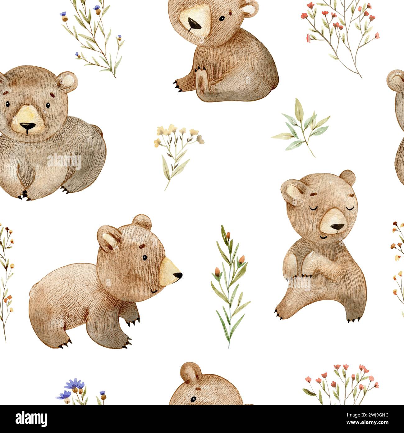 Watercolor seamless pattern with cute bears and leaves. Hand drawn ...