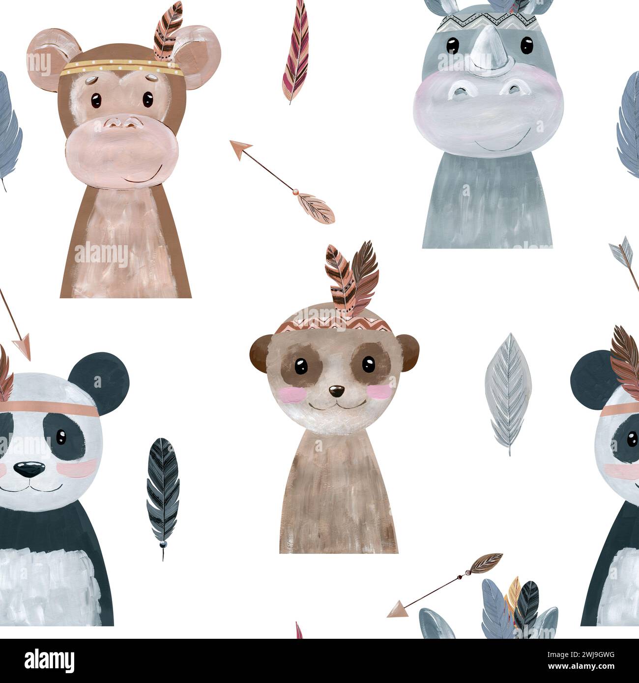 Boho Animal Pattern Watercolor cute pattern with boho animals. Hand drawn illustration for ...