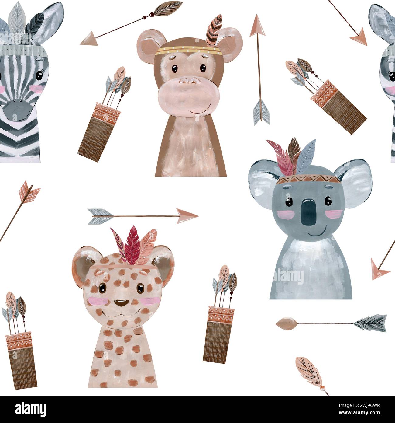 Boho Animal Pattern Watercolor cute pattern with boho animals. Hand drawn illustration for ...