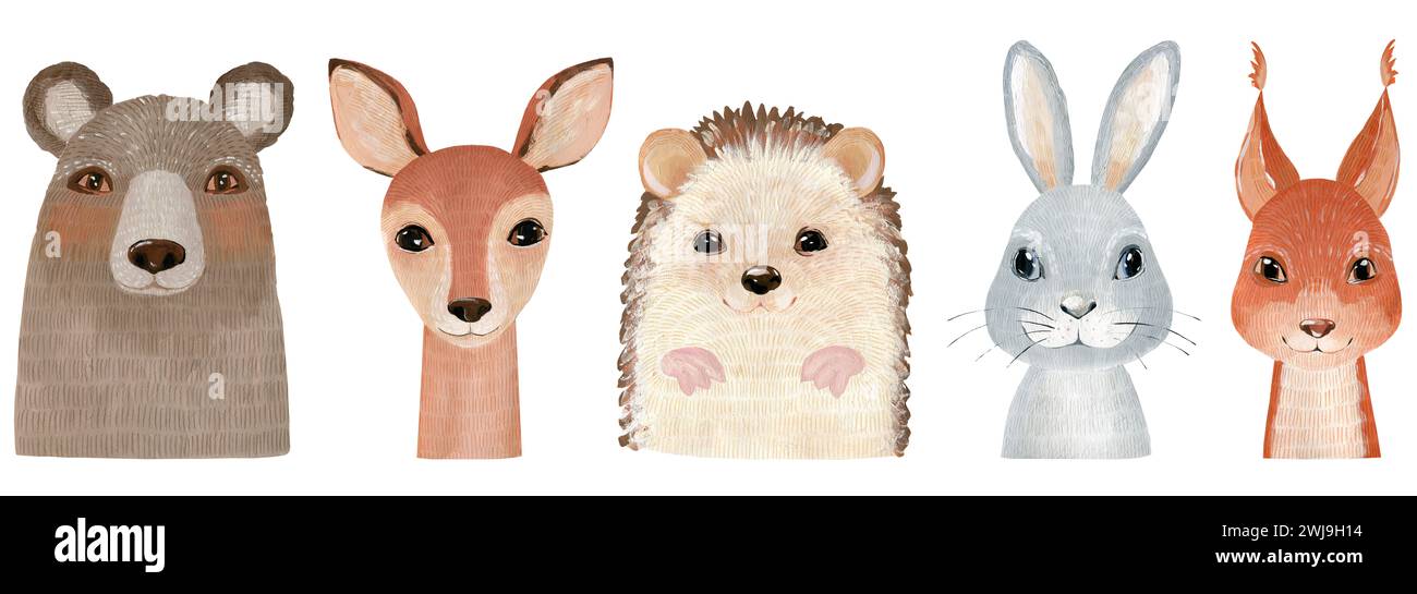 Hand drawn watercolor forest animals portrait Stock Photo - Alamy