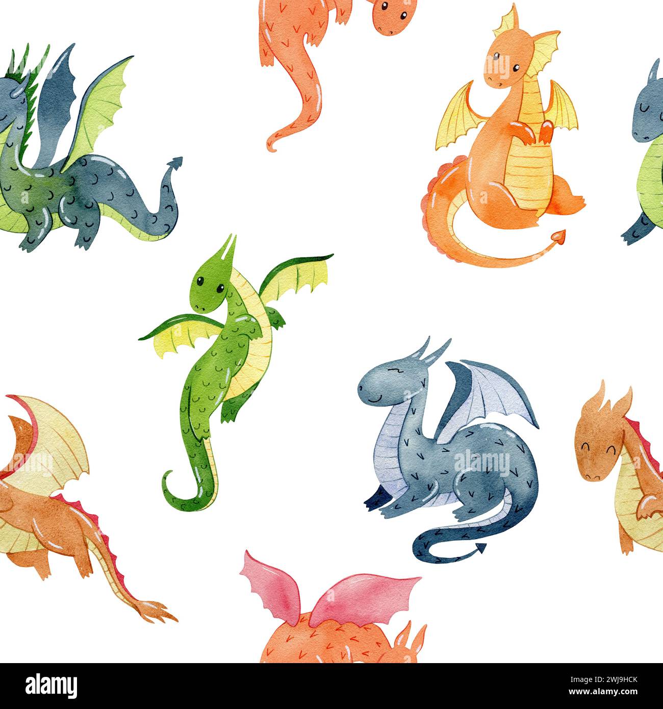 Watercolor seamless pattern with cute dragons. Hand drawn illustration ...