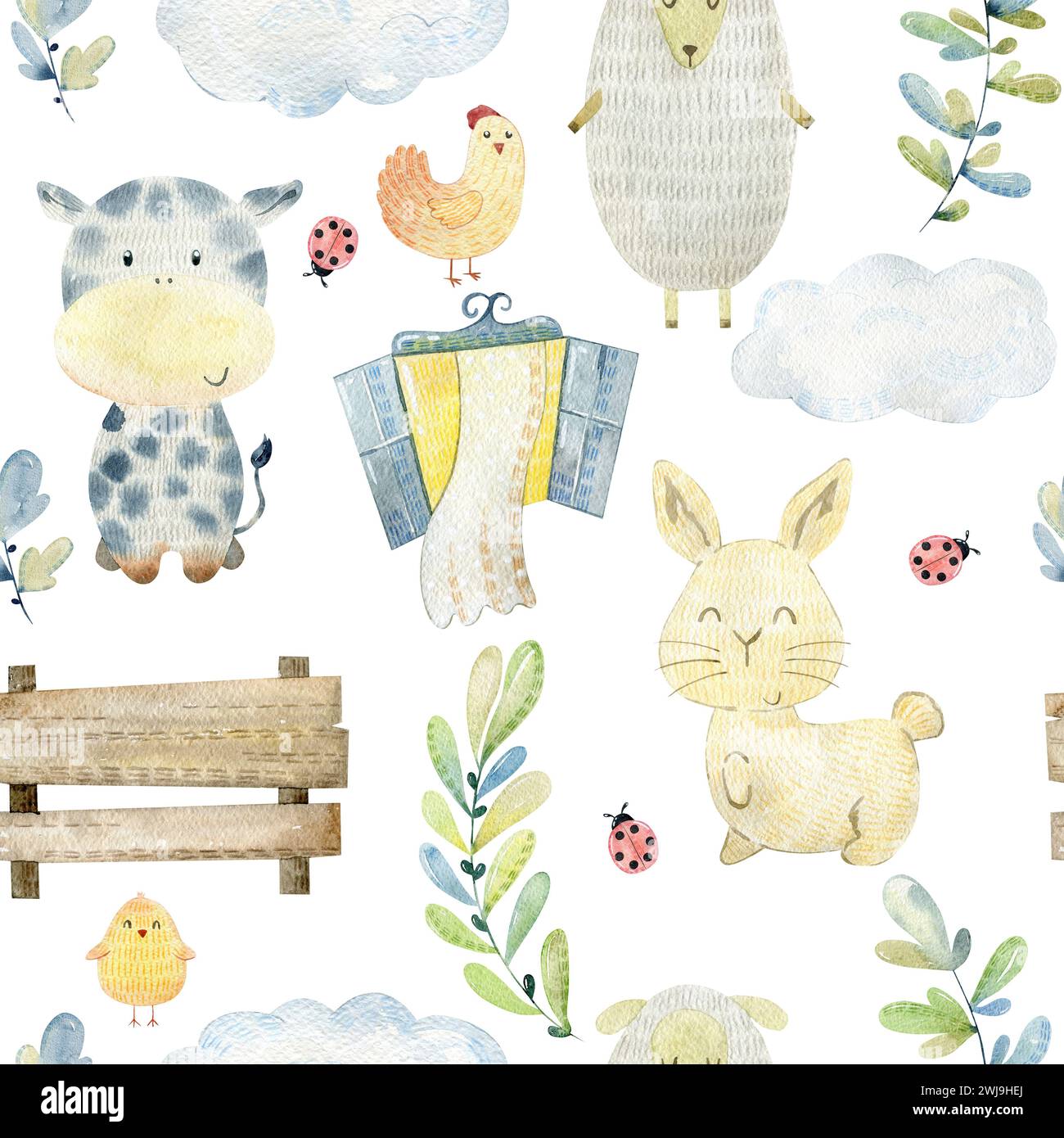 Watercolor pattern with farm animals Stock Photo - Alamy