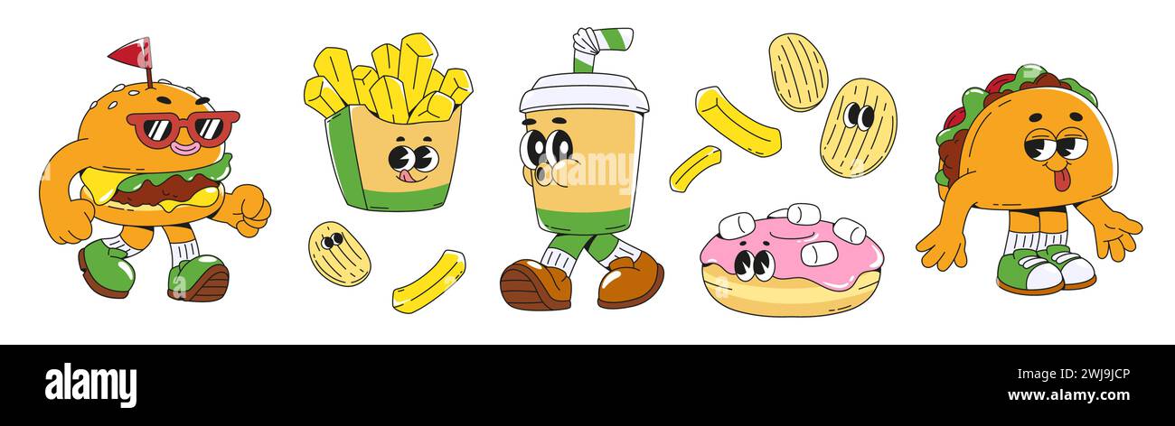 Retro groovy style food cartoon character set with cute faces. Funky fast food and drink mascot with emotions - hamburger and fries, soda plastic cup and donut with marshmallow, taco and chips Stock Vector