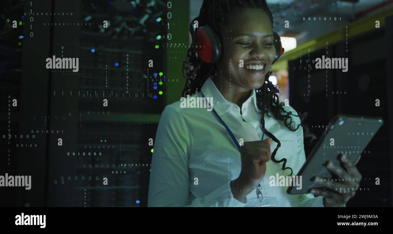 Image of data processing over african american female it engineer and computer servers Stock Photo