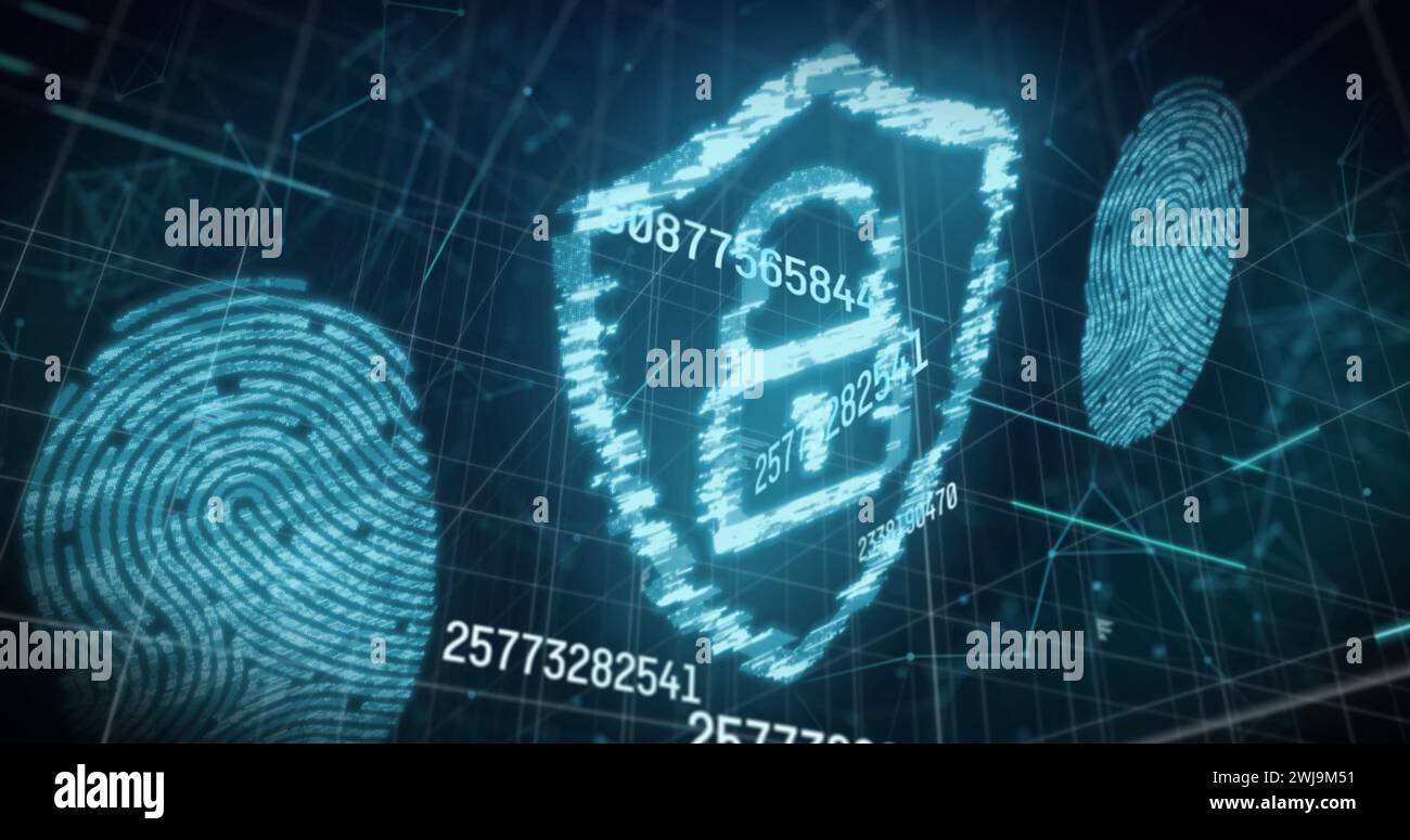 Image of numbers changing , glowing blue fingerprints and online ...