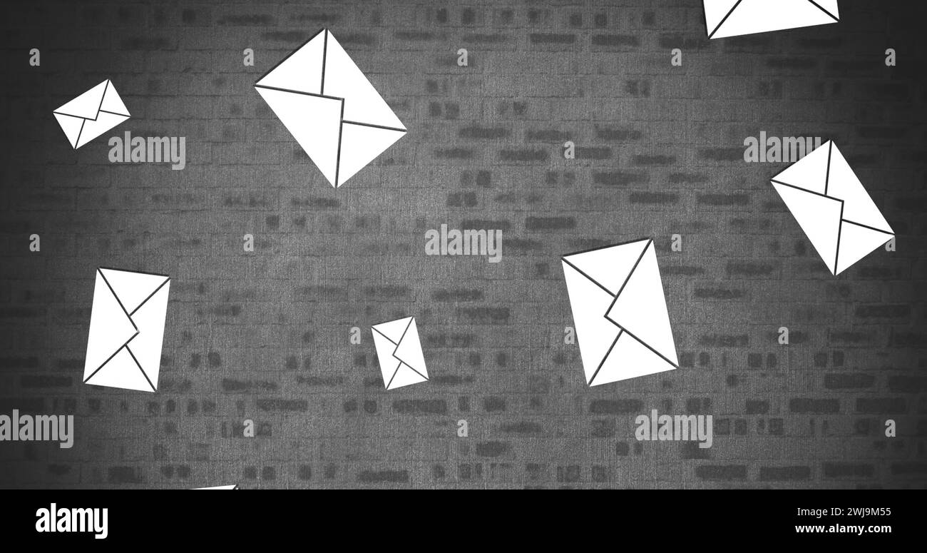Digital image of falling email icons on a brick wall background 4k Stock Photo